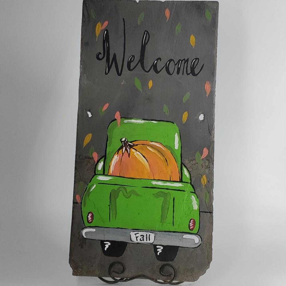 HAND PAINTED old truck "Welcome" Design on Slate